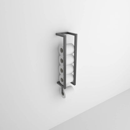 A black wall-mounted toilet paper holder displayed against a plain white wall, neatly storing several rolls in a compact vertical design.