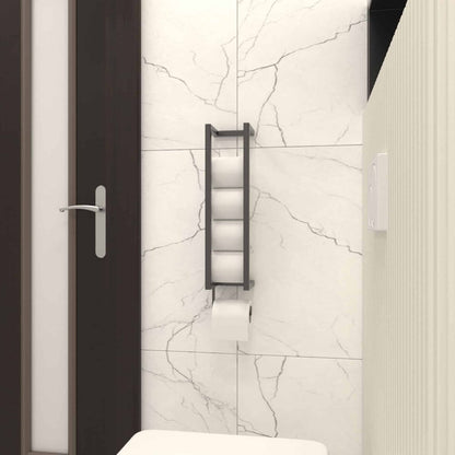 A modern bathroom featuring a black wall-mounted toilet paper holder against marble-patterned walls, with rolls arranged vertically and an additional roll positioned for use at the bottom.