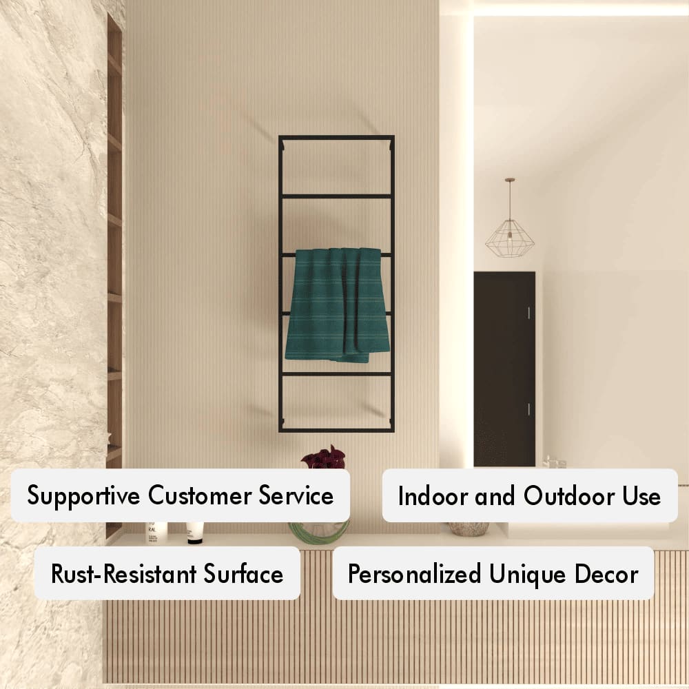 Wall-mounted 6-tier towel holder with a minimalist black metal frame, holding a folded teal towel, situated in a modern bathroom with beige walls and a marble accent.