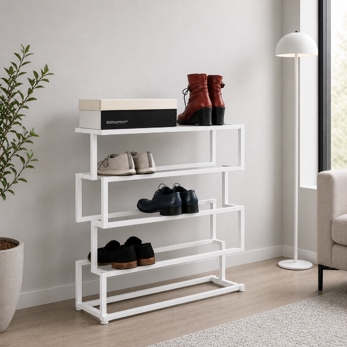 White 4-tier metal shoe rack in a modern entryway with shoes neatly arranged across 4 open tiers