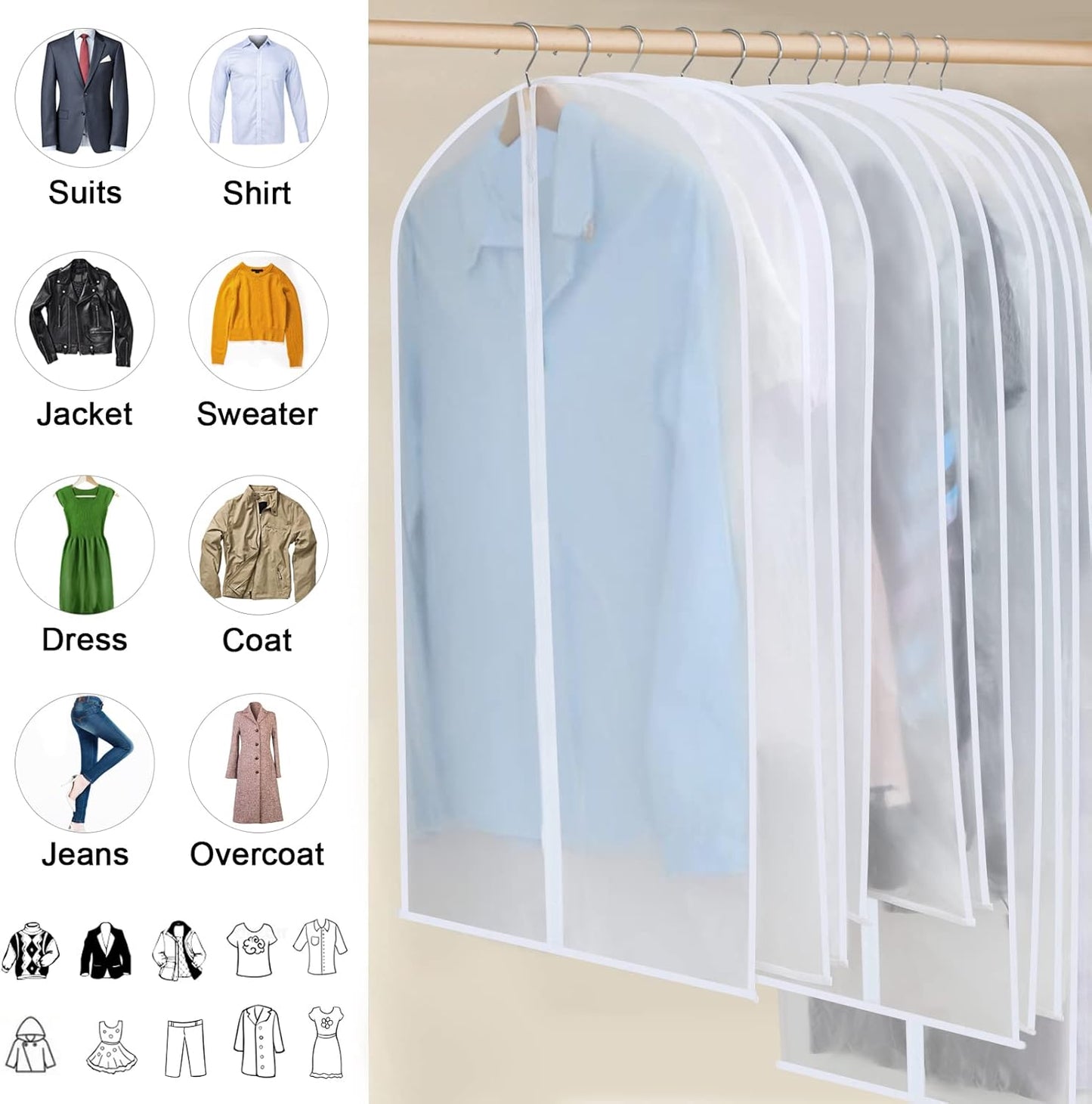 24-Pack Clear Clothes Garment Bag | PEVA Hanging Storage Covers